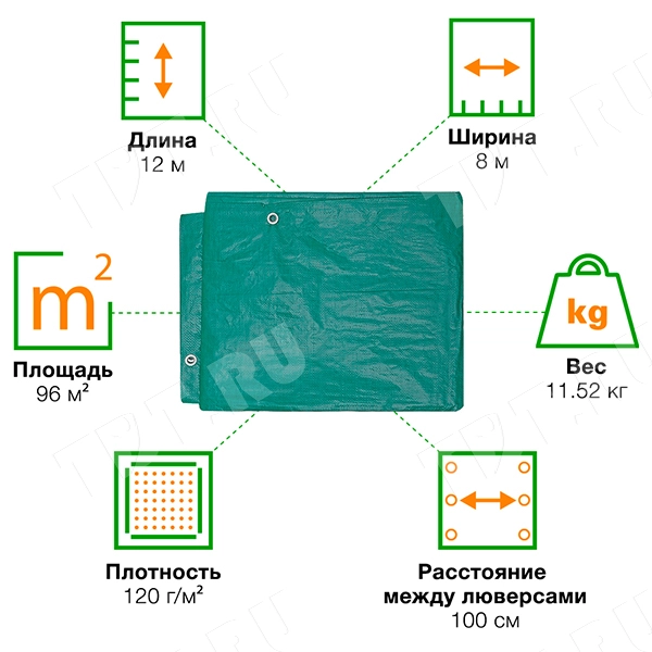 Защитный тент «Тарпаулин®» с люверсами зеленый, 8*12 м, 120 г/м²
