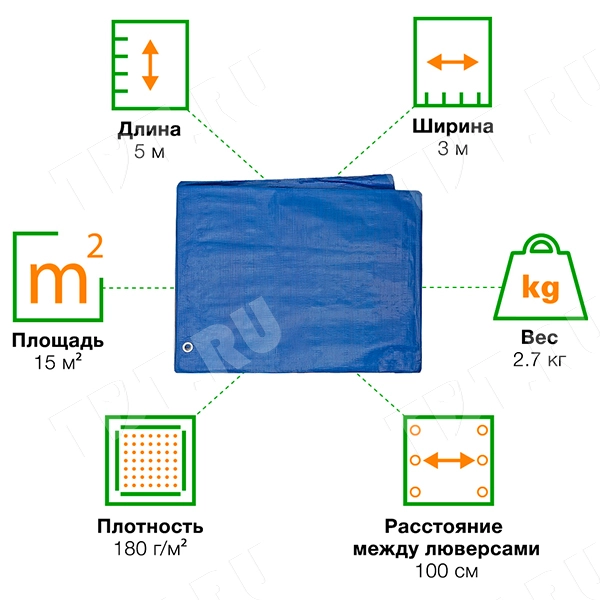 Защитный тент «Тарпаулин®» с люверсами синий, 3*5 м, 180 г/м²