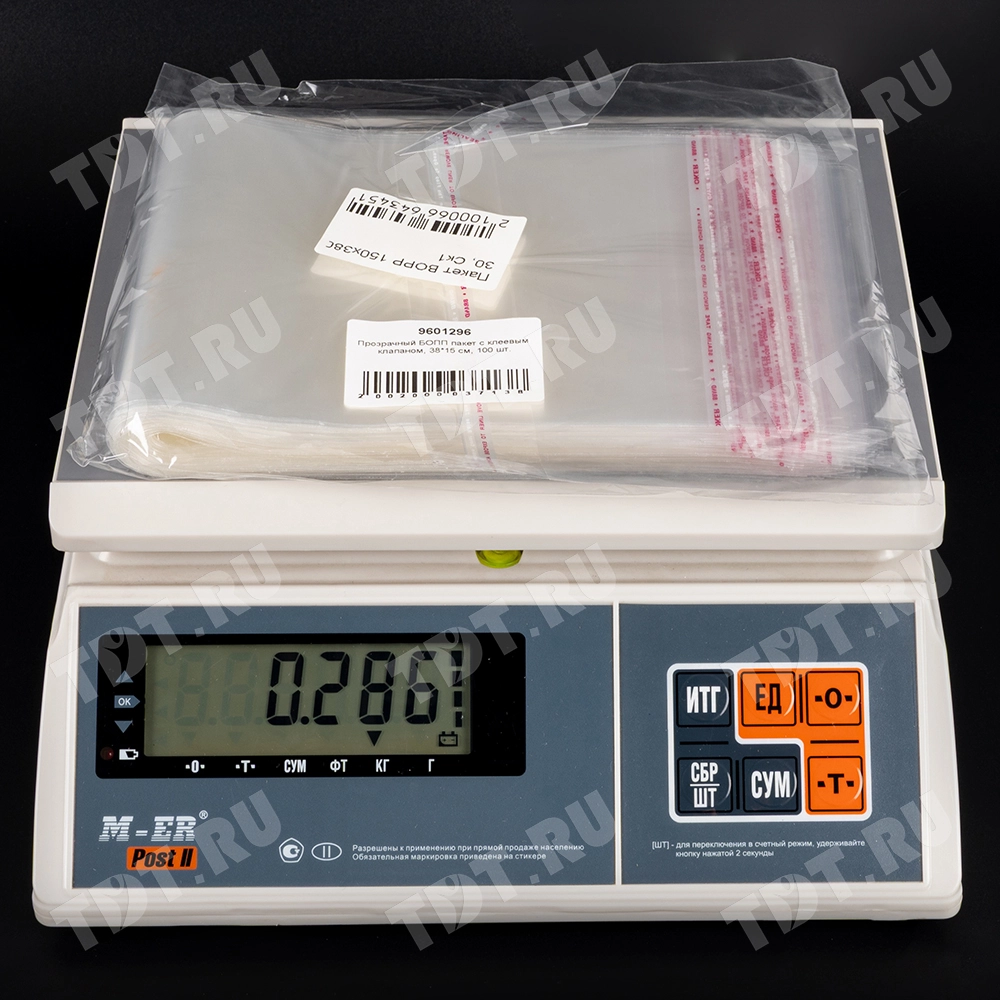 Прозрачный БОПП пакет с клеевым клапаном, 38*15 см, 100 шт.