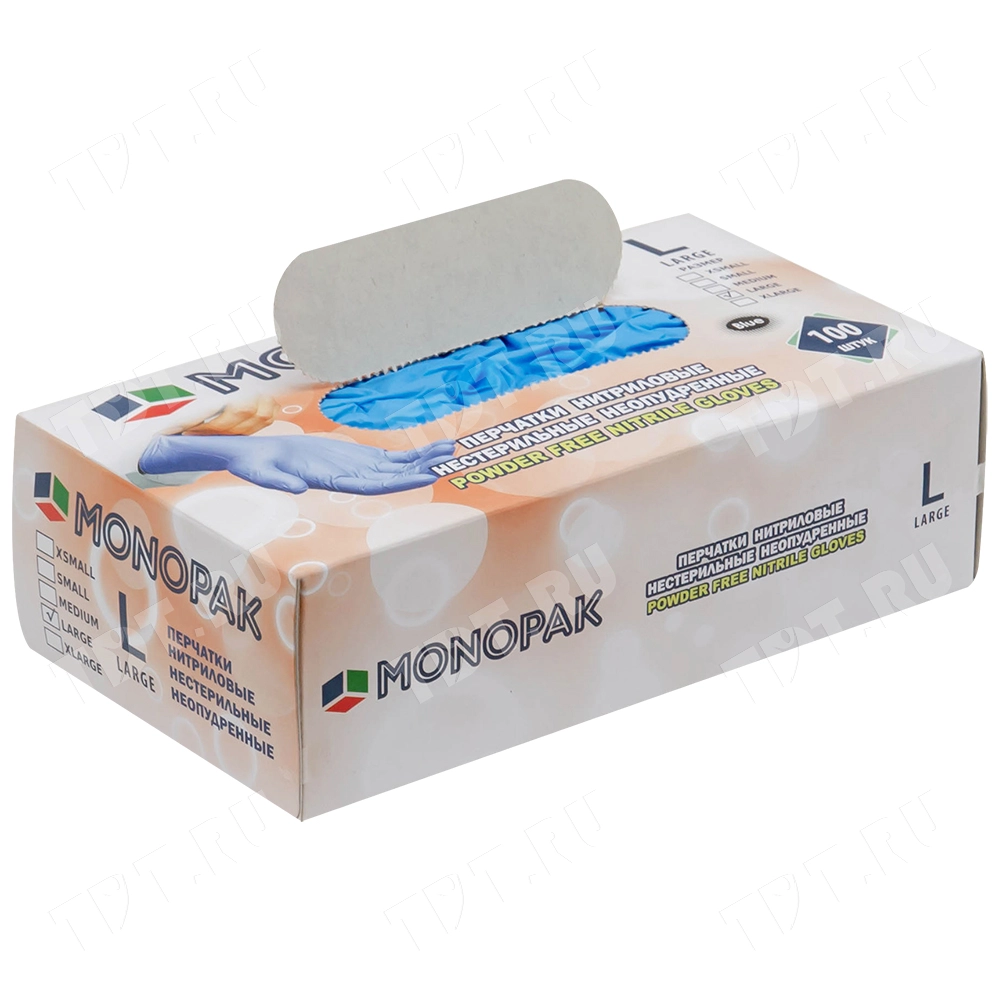Перчатки нитриловые Monopak, голубые, размер L, 100 шт./уп.