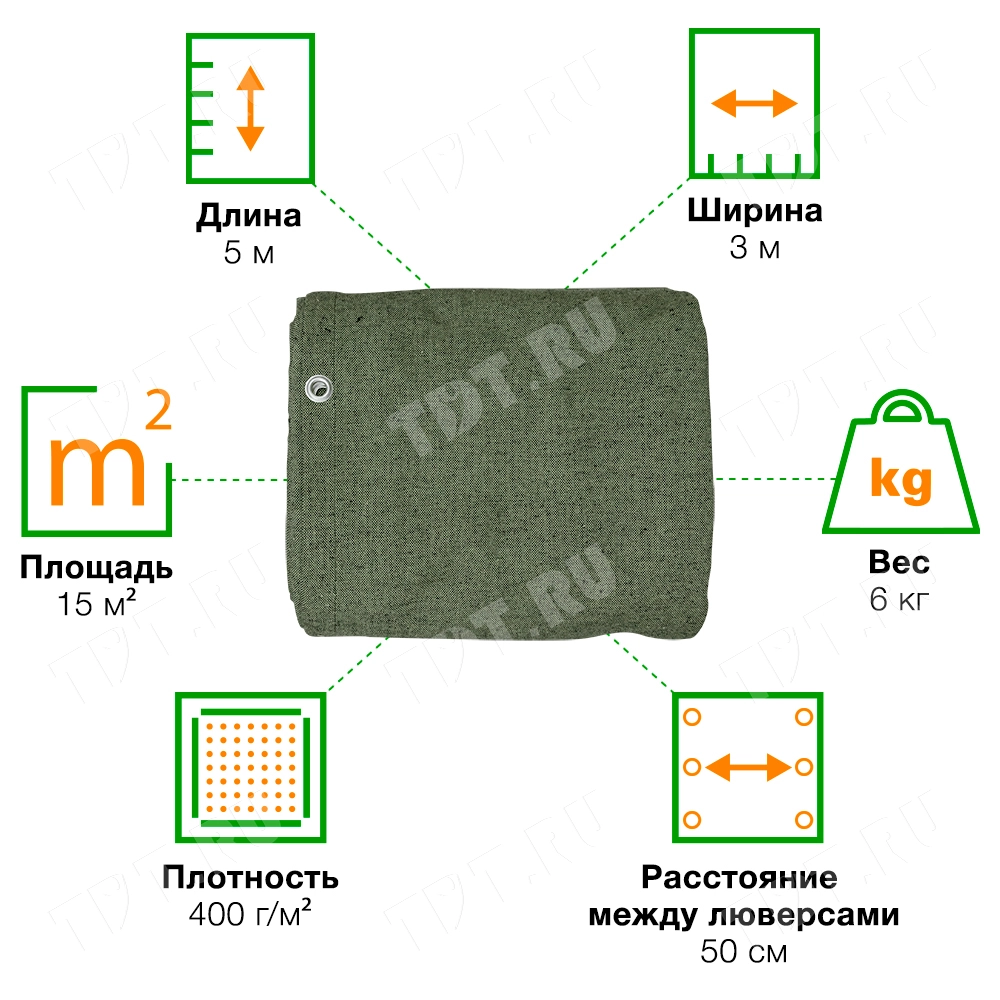 Брезент ВО с люверсами, хаки, 400 г/м², 3*5 м