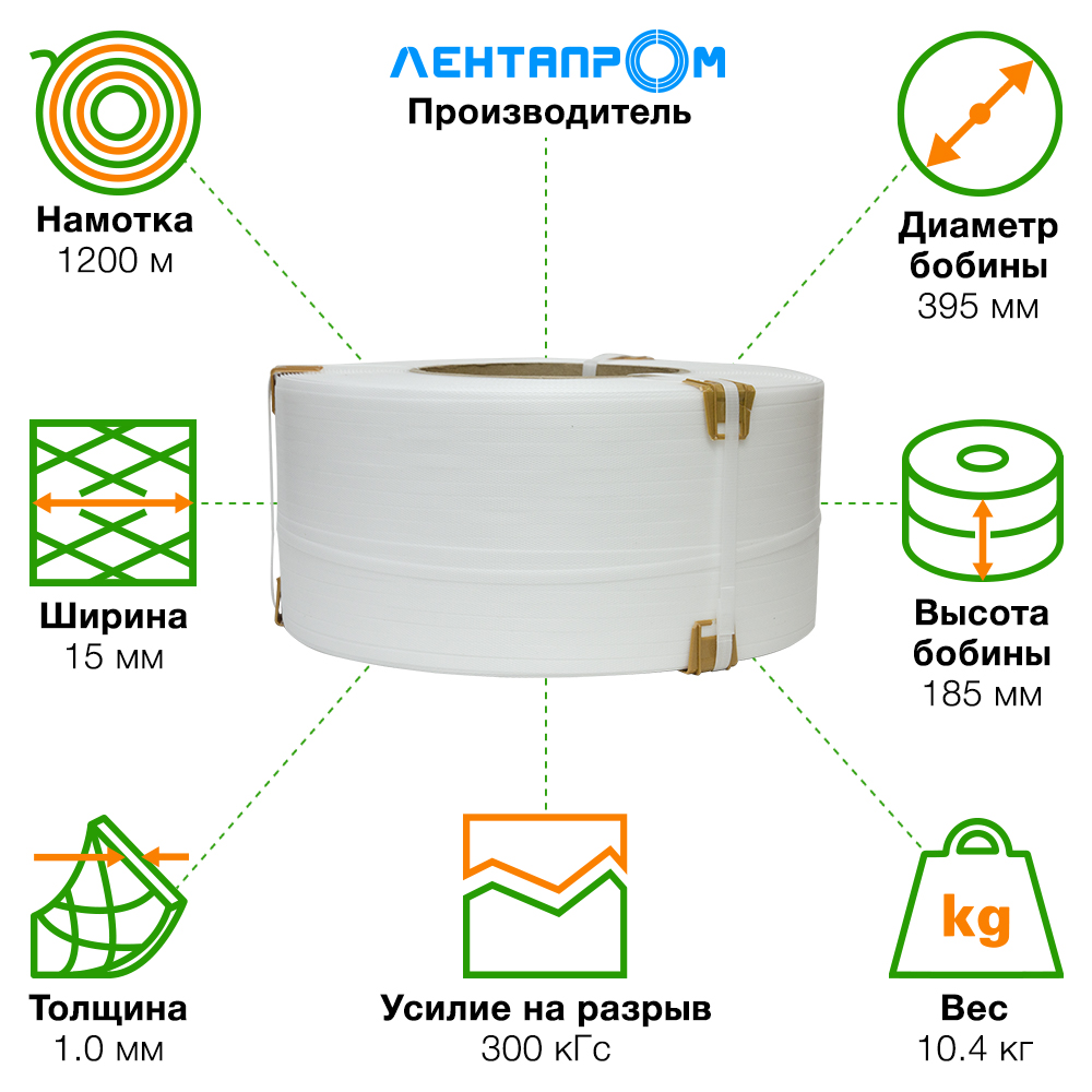 Стреппинг лента полипропиленовая (ПП), 15мм*1.0мм*1200м, белая Стреппинг лента полипропиленовая (ПП), 15мм*1.0мм*1200м, белая