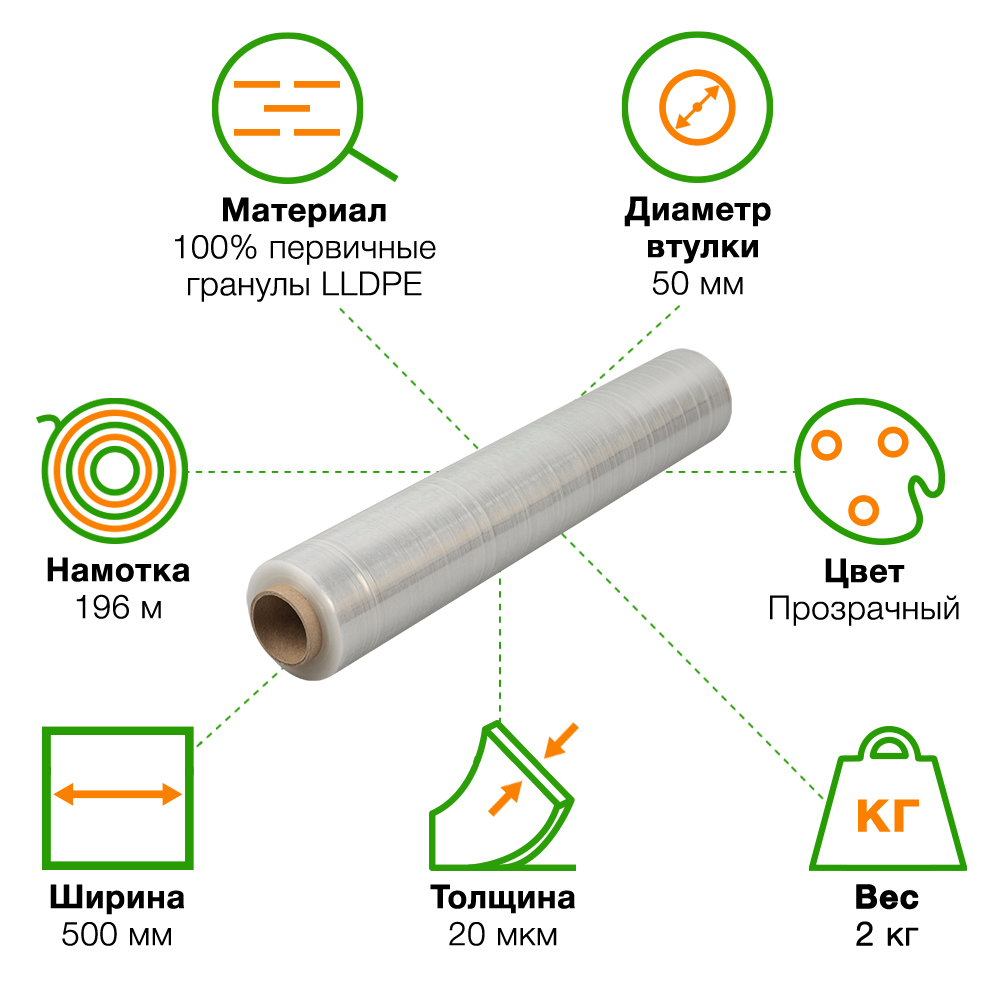 Стрейч пленка прозрачная в рулоне, 500 мм, 20 мкм, 2 кг, 1 сорт Стрейч пленка прозрачная в рулоне, 500 мм, 20 мкм, 2 кг, 1 сорт