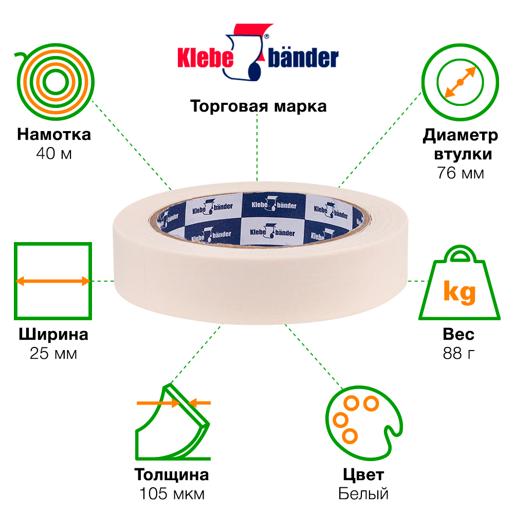 Клейкая лента малярная Klebebander, узкая, 25мм*40м Клейкая лента малярная Klebebander, узкая, 25мм*40м