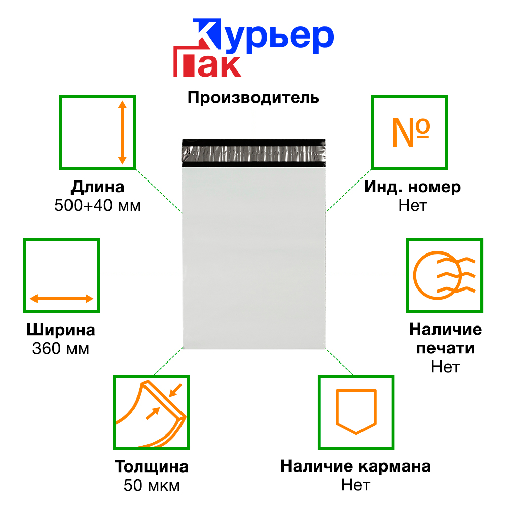Курьер-пакет белый без печати, без кармана, 360*500+40 мм, 50 мкм, 1 шт. Курьер-пакет белый без печати, без кармана, 360*500+40 мм, 50 мкм, 1 шт.