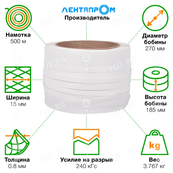 Стреппинг лента полипропиленовая (ПП), 15мм*0.8мм*500м, белая