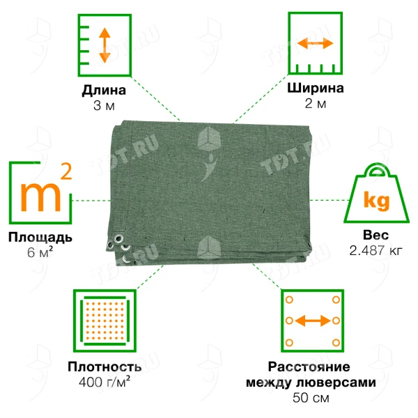 Брезент ОП с люверсами, хаки, 400 г/м², 2*3 м