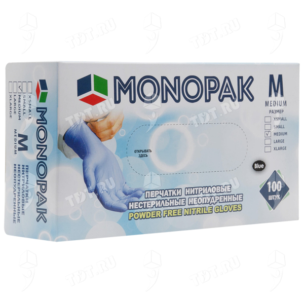 Перчатки нитриловые Monopak, голубые, размер M, 100 шт./уп.